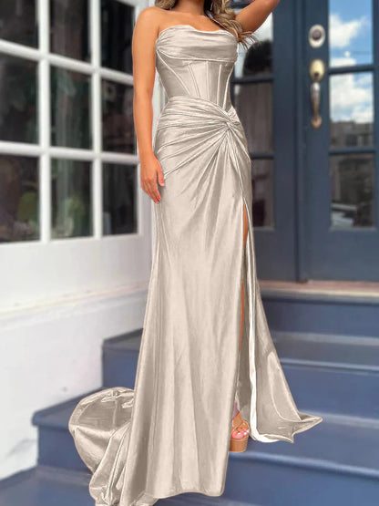 Sheath/Column Strapless Floor-Length Long Dresses With Split Side