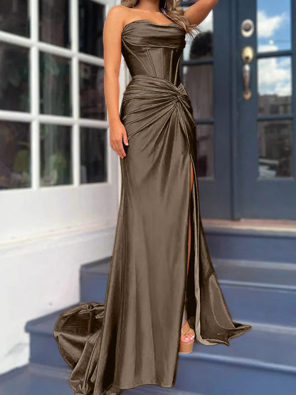 Sheath/Column Strapless Floor-Length Long Dresses With Split Side