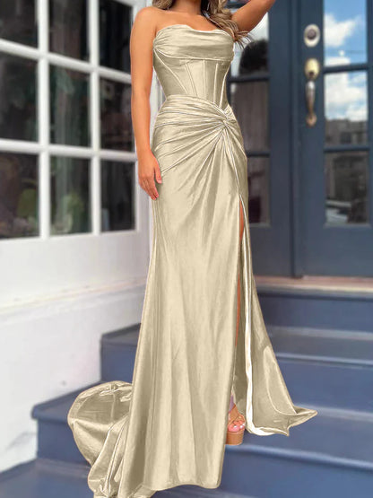Sheath/Column Strapless Floor-Length Long Dresses With Split Side