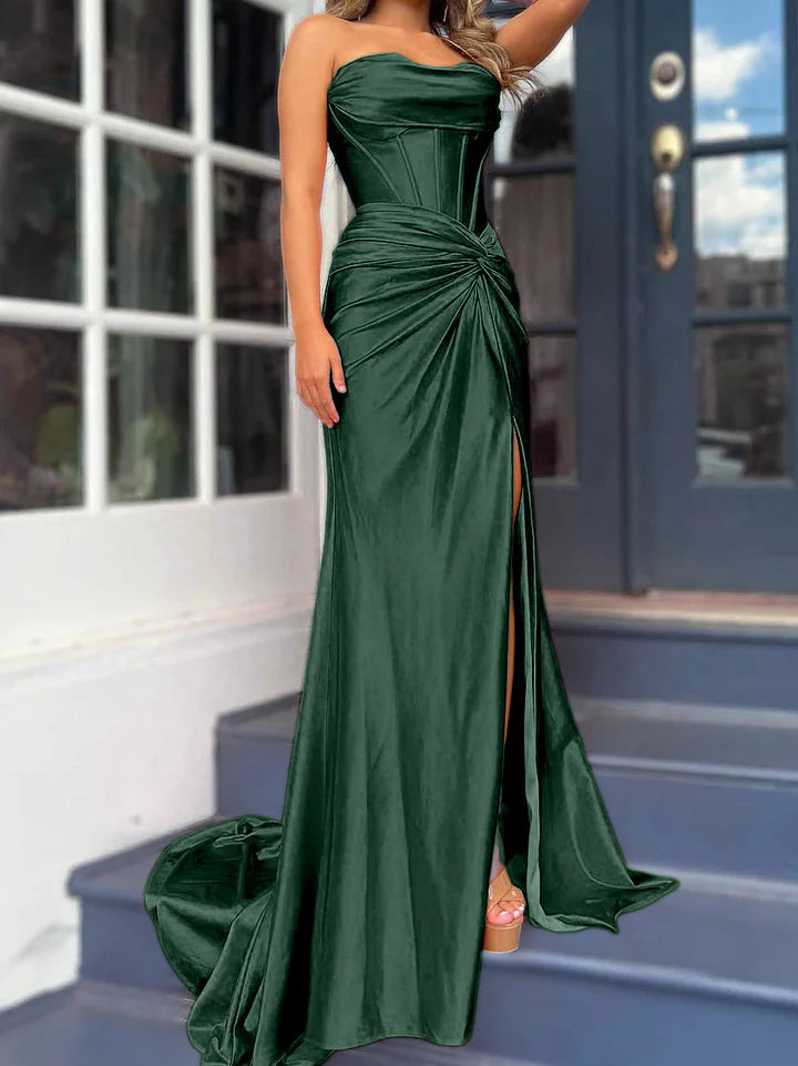 Sheath/Column Strapless Floor-Length Long Dresses With Split Side