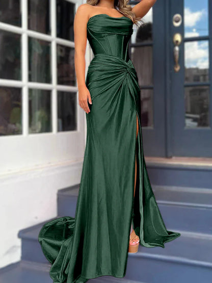 Sheath/Column Strapless Floor-Length Long Dresses With Split Side