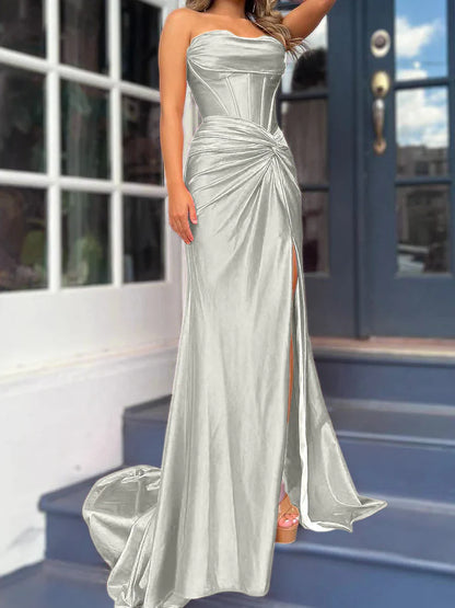Sheath/Column Strapless Floor-Length Long Dresses With Split Side