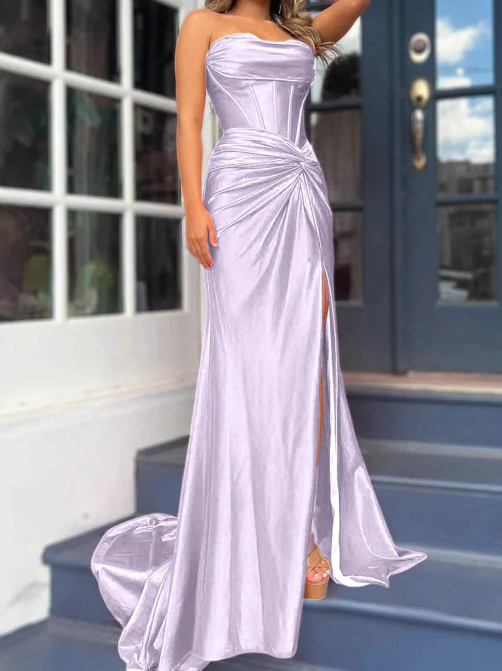 Sheath/Column Strapless Floor-Length Long Dresses With Split Side
