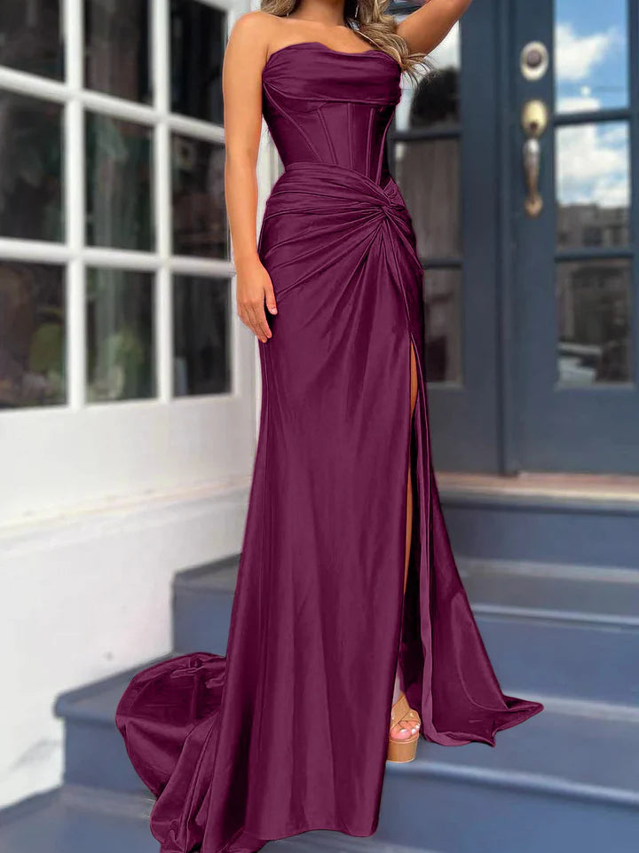 Sheath/Column Strapless Floor-Length Long Dresses With Split Side