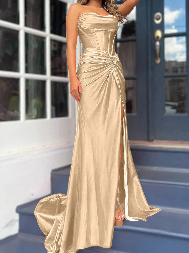 Sheath/Column Strapless Floor-Length Long Dresses With Split Side