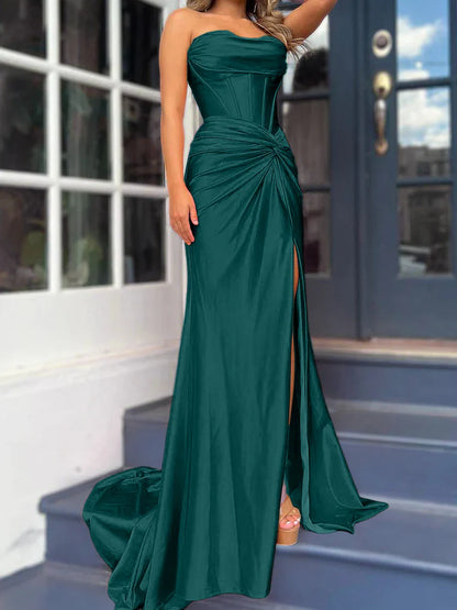 Sheath/Column Strapless Floor-Length Long Dresses With Split Side