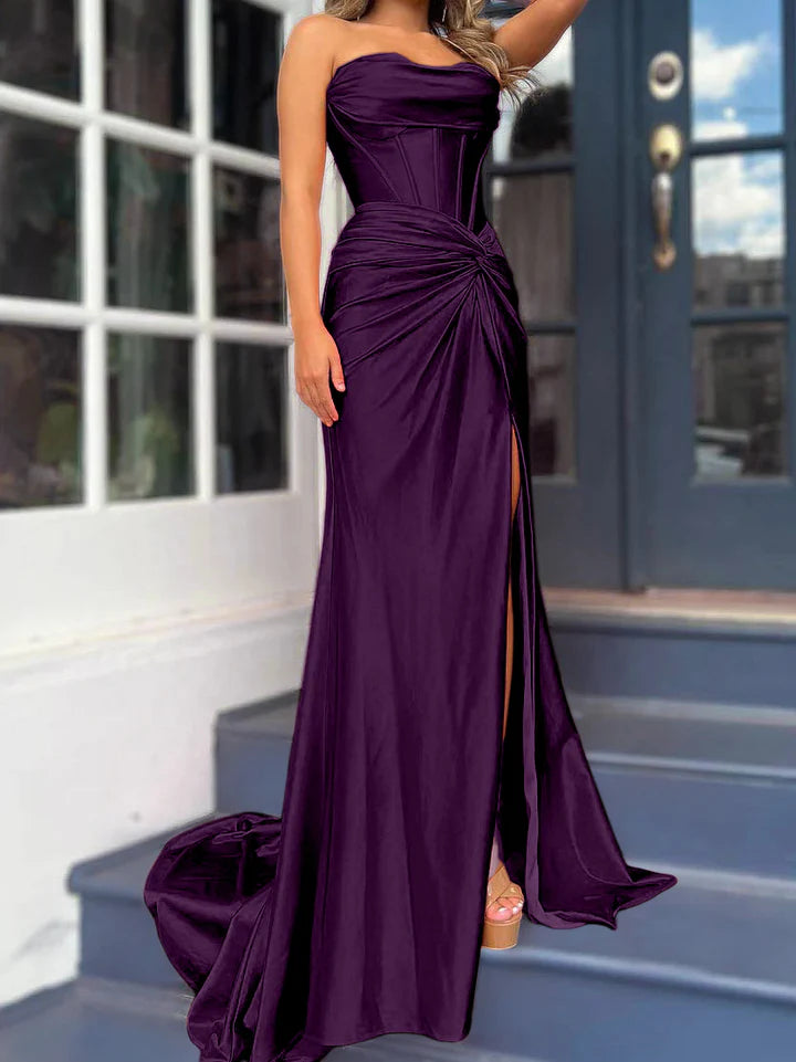 Sheath/Column Strapless Floor-Length Long Dresses With Split Side