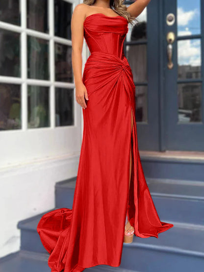 Sheath/Column Strapless Floor-Length Long Dresses With Split Side