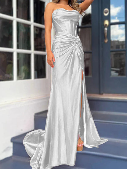 Sheath/Column Strapless Floor-Length Long Dresses With Split Side