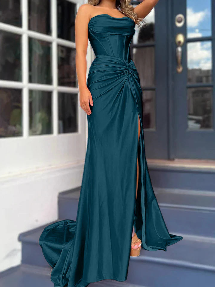 Sheath/Column Strapless Floor-Length Long Dresses With Split Side