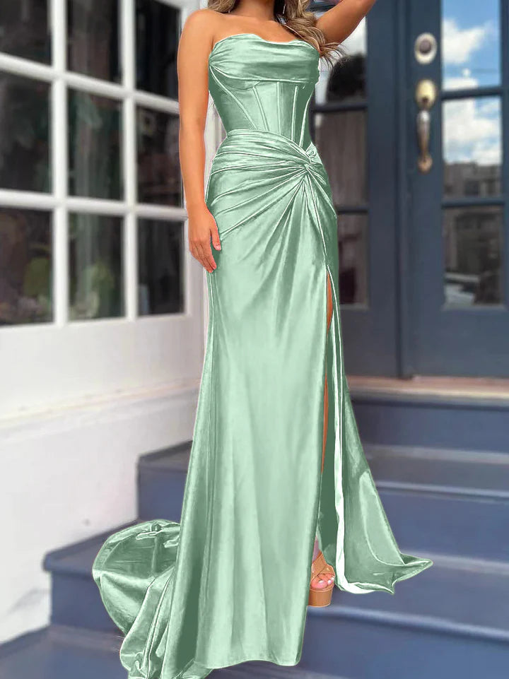 Sheath/Column Strapless Floor-Length Long Dresses With Split Side