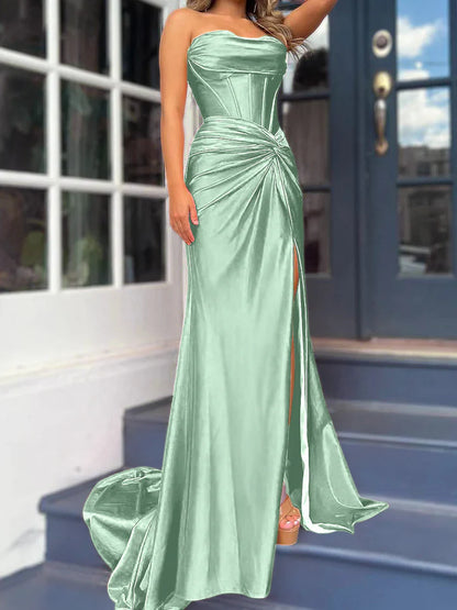 Sheath/Column Strapless Floor-Length Long Dresses With Split Side