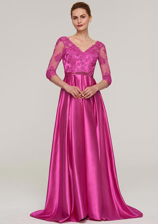 Wedding Guest Dresses Fuchsia Satin Exquisite A-line V Neck 3/4 Sleeve With Sashes Lace Appliqued Beading V Back Sweep Train Hot Sale Mother of the Bride Dress