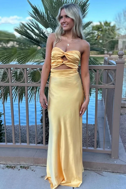 Fashion Yellow Sheath Strapless Sweetheart Pleated Sleeveless with Keyhole Backless Cheap Long Prom Dress