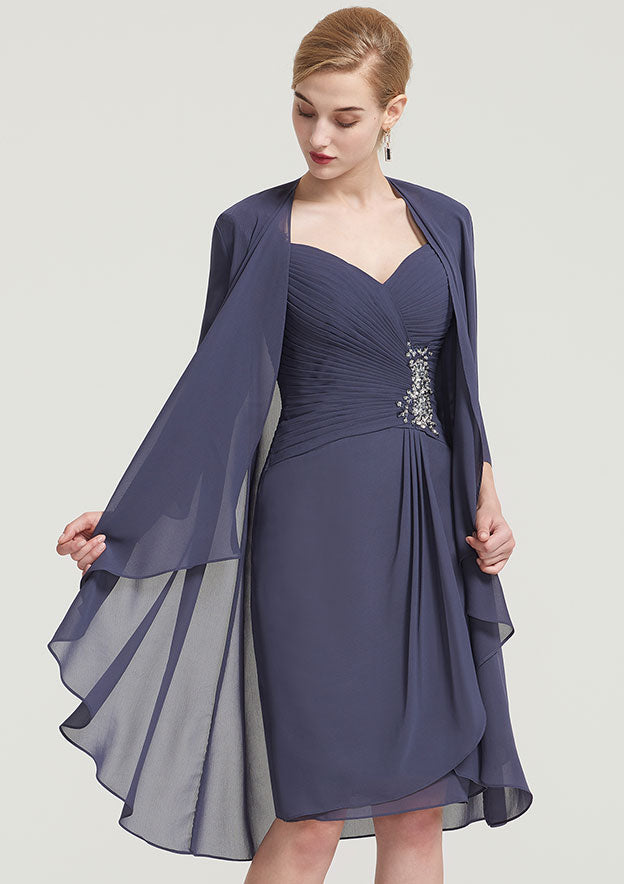 Fashion Exquisite Wedding Guest Dresses Chiffon Sheath/Column Sweetheart Neckline Lace Appliqued 3/4 Sleeve Pleated Beading With Jacket Two-Piece Tea-Length Hot Sale Mother of the Bride Dress