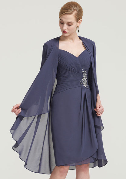 Fashion Exquisite Wedding Guest Dresses Chiffon Sheath/Column Sweetheart Neckline Lace Appliqued 3/4 Sleeve Pleated Beading With Jacket Two-Piece Tea-Length Hot Sale Mother of the Bride Dress