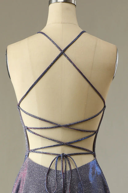 Vestido de fiesta largo morado brillante