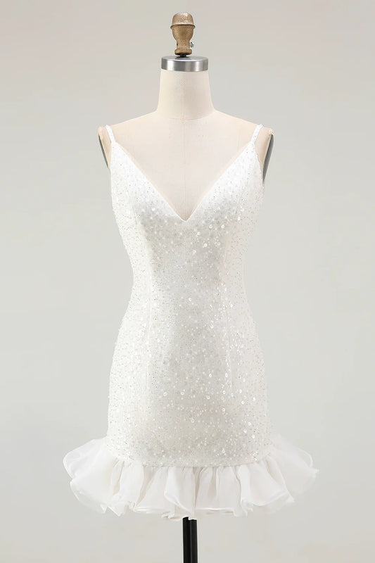 Chic Short Dress Sparkly White Sequins Bodycon Spaghetti Strap V-Neck Sleeveless Backless with Ruffles Bargain Homecoming Dress