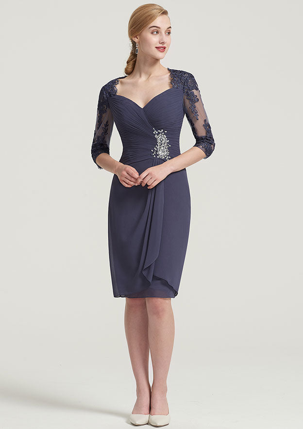 Fashion Exquisite Wedding Guest Dresses Chiffon Sheath/Column Sweetheart Neckline Lace Appliqued 3/4 Sleeve Pleated Beading With Jacket Two-Piece Tea-Length Hot Sale Mother of the Bride Dress