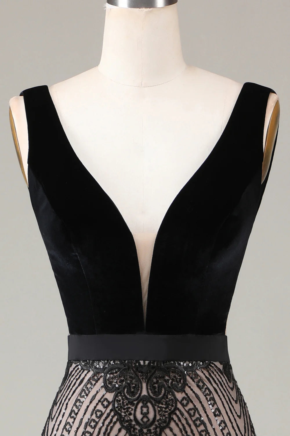 Amzcw Black Mermaid Deep V Neck Sequins Long Evening Party Dress