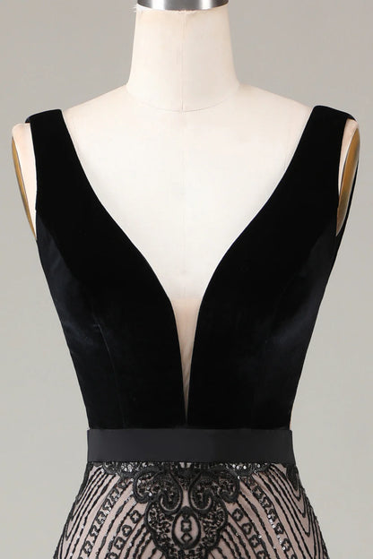 Amzcw Black Mermaid Deep V Neck Sequins Long Evening Party Dress