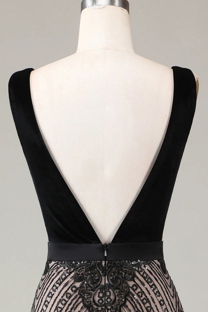 Amzcw Black Mermaid Deep V Neck Sequins Long Evening Party Dress