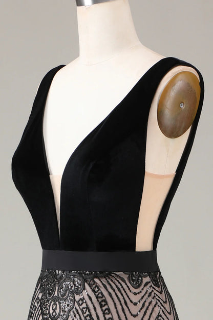 Amzcw Black Mermaid Deep V Neck Sequins Long Evening Party Dress