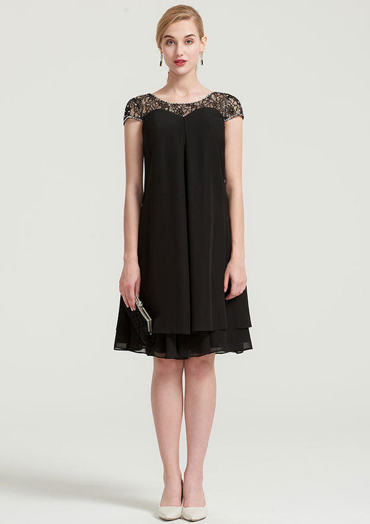 Elegant Wedding Guest Dresses Black Chiffon A-line Boat Neck Short Sleeve With Beading Tiers Ruffles Knee-Length Hot Sale Mother of the Bride Dress