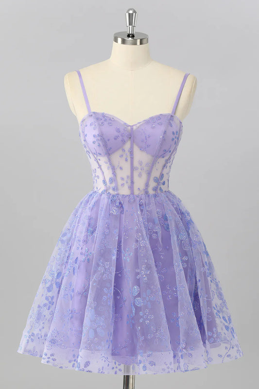 Fashion Short Dress Sparkly Purple A Line Spaghetti Strap Sweetheart Neckline Sleeveless Sequin Floral Backless Ruched Bargain Homecoming Dress