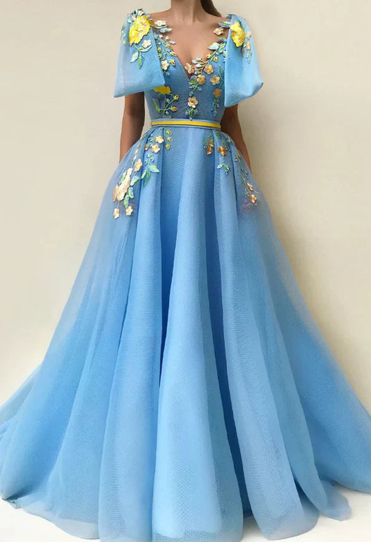 3D Floral-Embroidered Tulle Deep-V Puff-Sleeve Ballgown Prom Dress