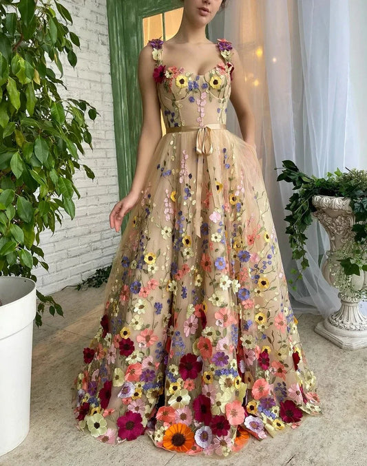 3D Floral-Embroidered Tulle Sweetheart A-Line Prom Dress
