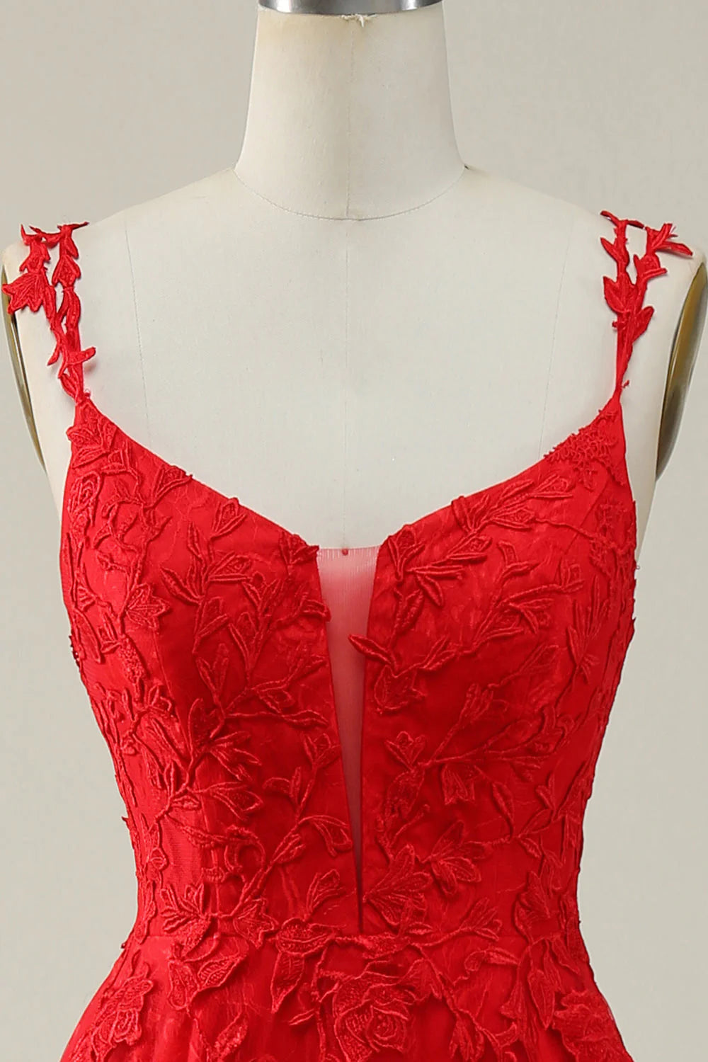 Vestido de fiesta largo rojo con tirantes finos, corte A y apliques de Amzcw