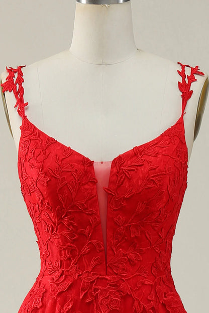 Vestido de fiesta largo rojo con tirantes finos, corte A y apliques de Amzcw