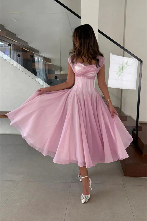 Midi Evening Dresses with Square Neck Tulle Cap Sleeve Corset Bodice and Flared Tulle Skirt