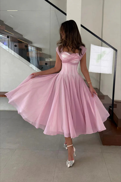 Midi Evening Dresses with Square Neck Tulle Cap Sleeve Corset Bodice and Flared Tulle Skirt