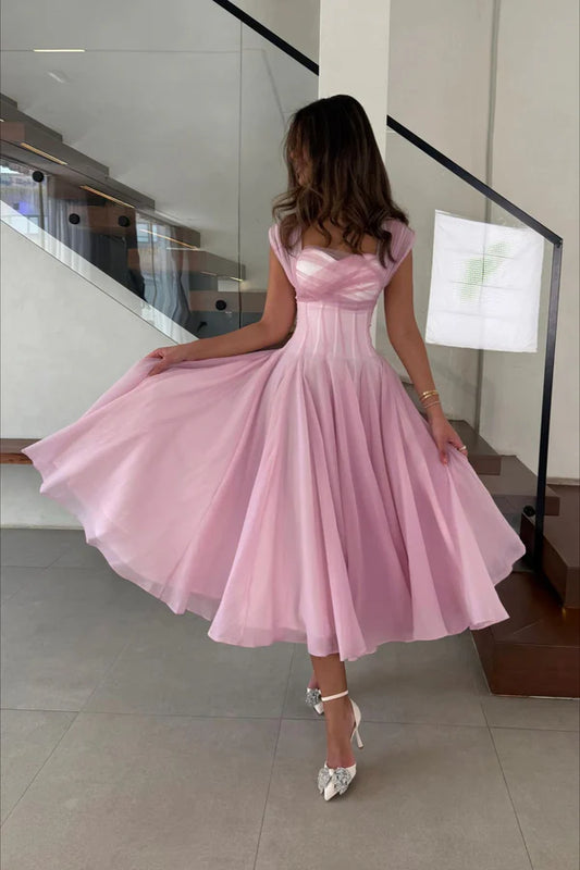 Midi Evening Dresses with Square Neck Tulle Cap Sleeve Corset Bodice and Flared Tulle Skirt