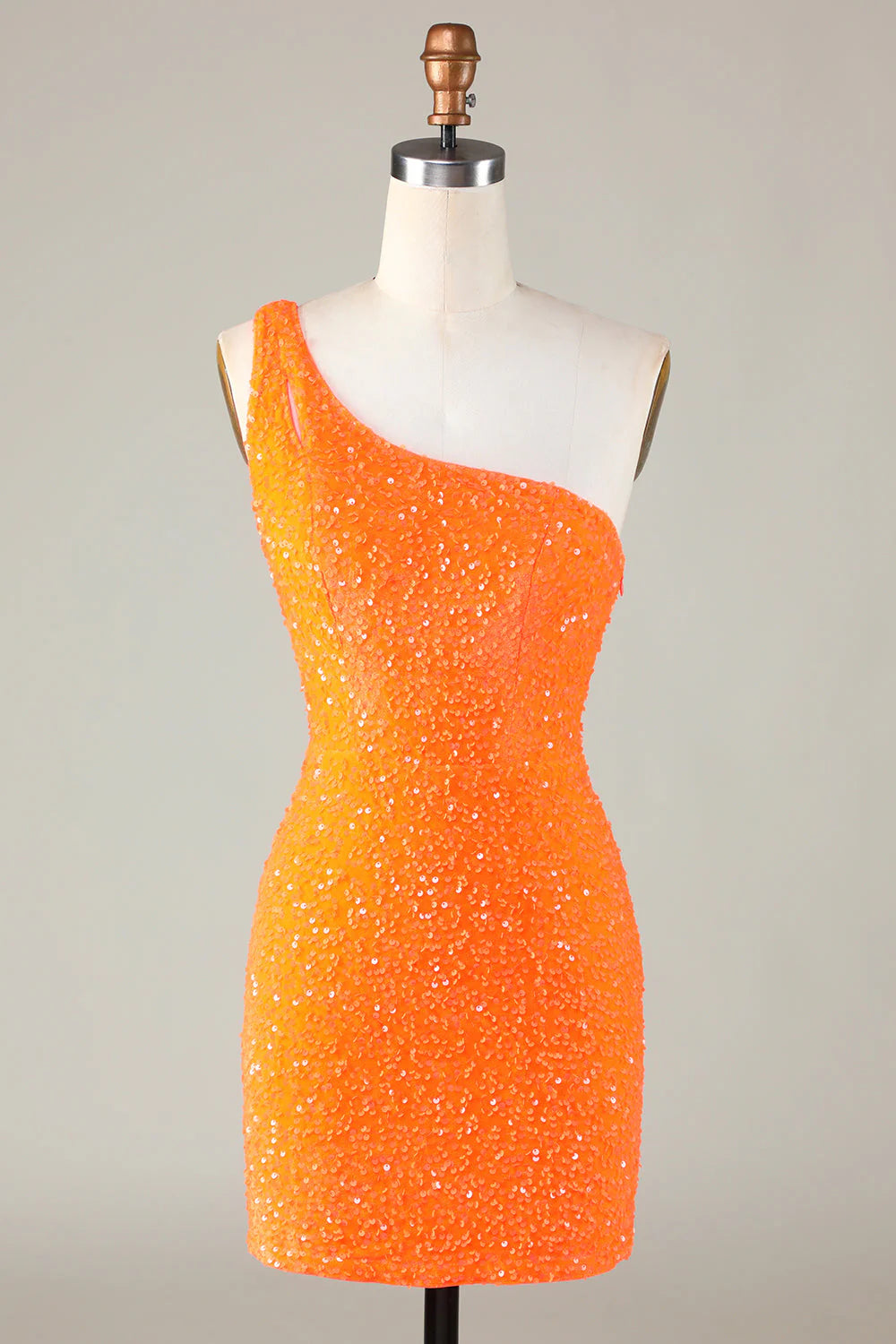 Amzcw Sequins One-Shoulder Orange Tight Beading Short Homecoming Dress