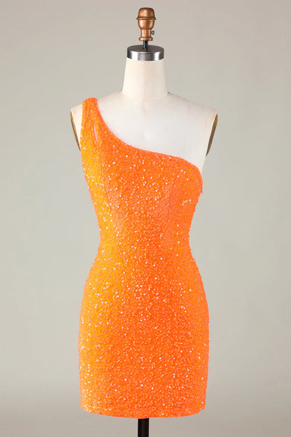Amzcw Sequins One-Shoulder Orange Tight Beading Short Homecoming Dress