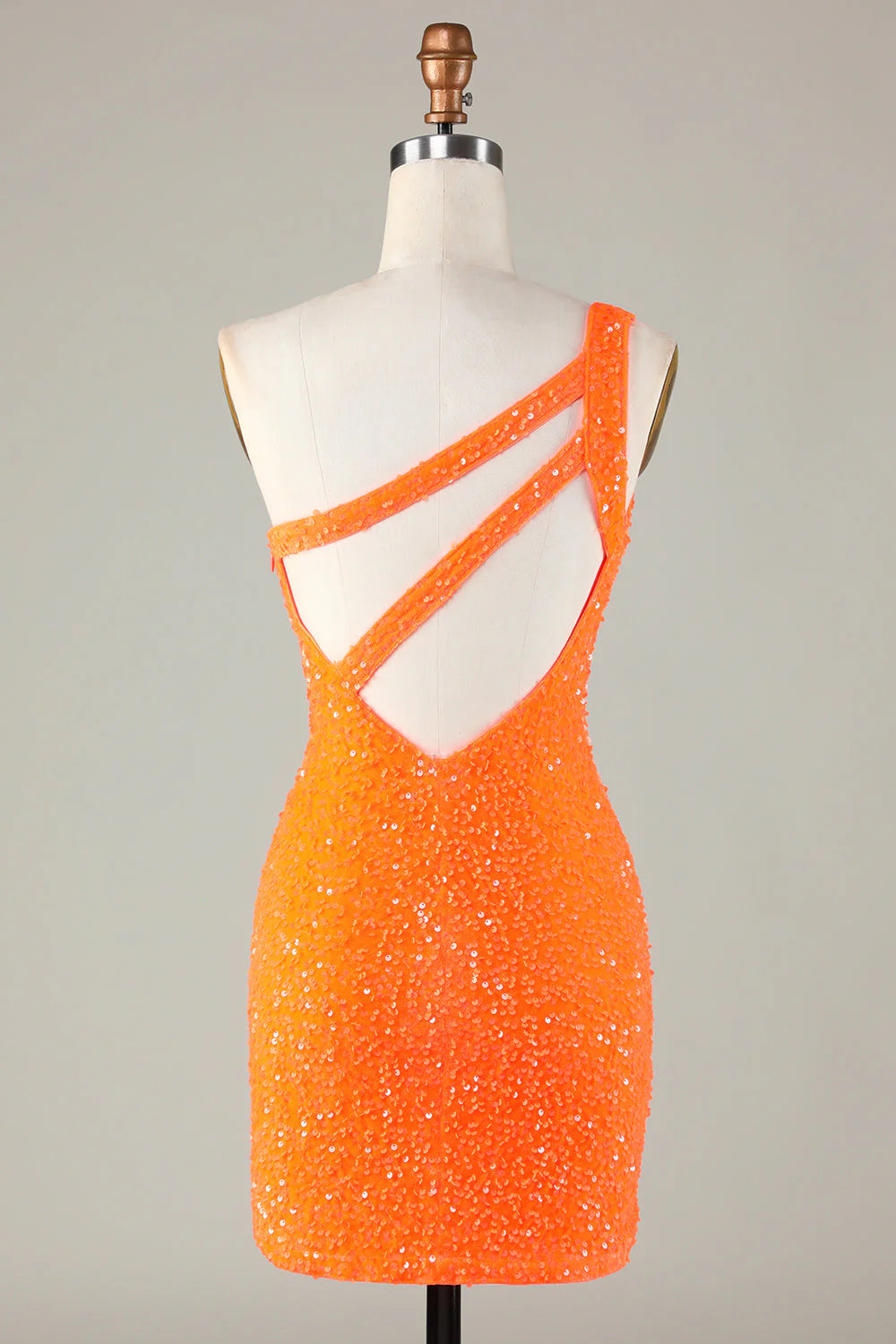 Amzcw Sequins One-Shoulder Orange Tight Beading Short Homecoming Dress