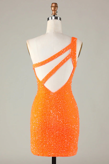 Amzcw Sequins One-Shoulder Orange Tight Beading Short Homecoming Dress