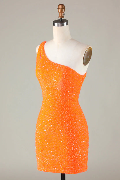 Amzcw Sequins One-Shoulder Orange Tight Beading Short Homecoming Dress