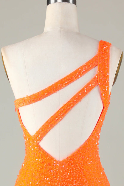Amzcw Sequins One-Shoulder Orange Tight Beading Short Homecoming Dress