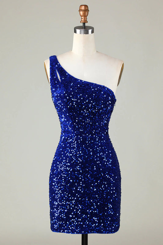 Amzcw Royal Blue One Shoulder Sequins Tight Beading Short Homecoming Dress