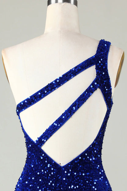 Amzcw Royal Blue One Shoulder Sequins Tight Beading Short Homecoming Dress