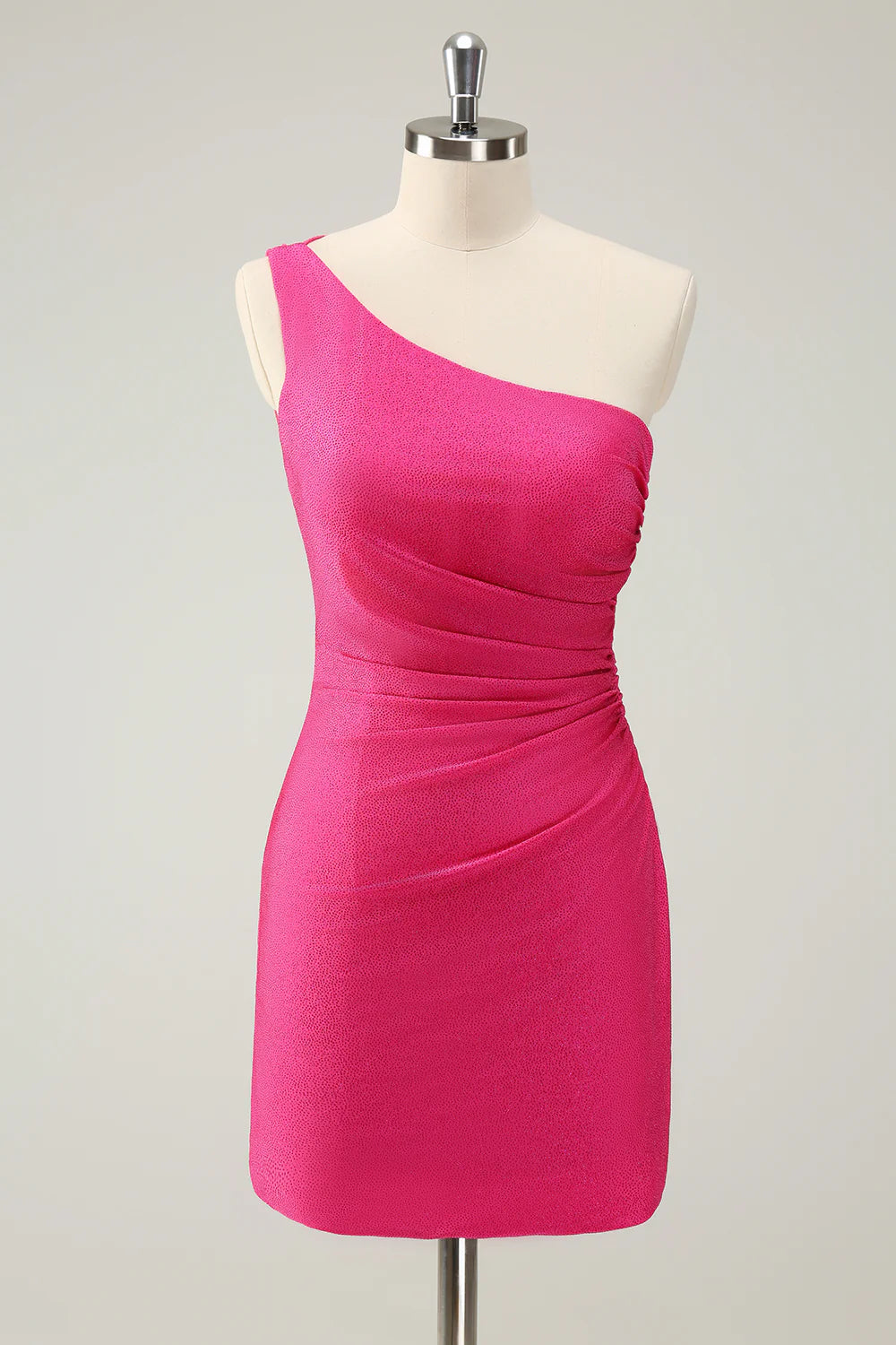 Amzcw Unique Hot Pink One Shoulder Pleated Short Tight Homecoming Dress