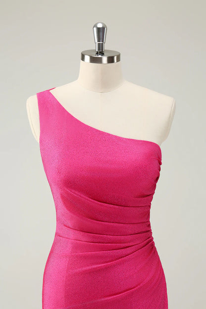 Amzcw Unique Hot Pink One Shoulder Pleated Short Tight Homecoming Dress