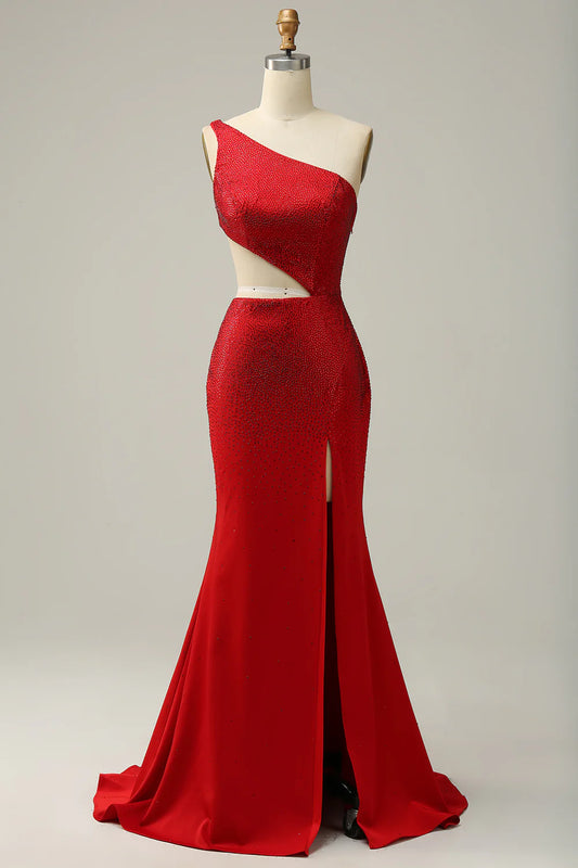 Vestido de fiesta rojo de sirena con un solo hombro, corte y cuentas 