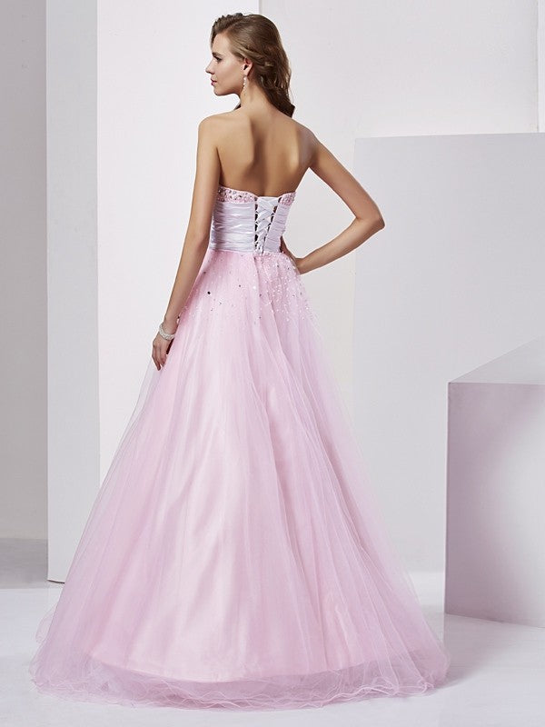 Ball Gown Strapless Sleeveless Beading Long Elastic Woven Satin Quinceanera Dresses