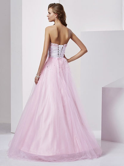 Ball Gown Strapless Sleeveless Beading Long Elastic Woven Satin Quinceanera Dresses