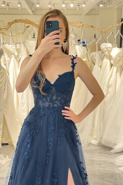 Amzcw Navy Tulle A Line Spaghetti Straps Corset Prom Dress with Appliques prom dresses stores